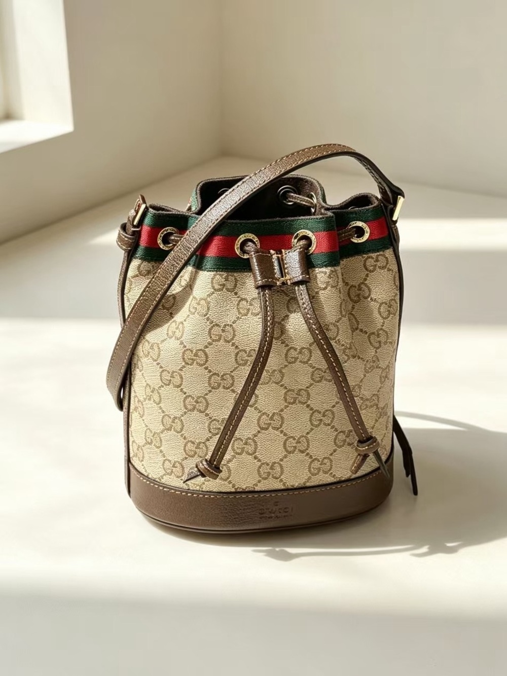 Gucci Beige Canvas Small Bucket Bag with Brown Trim